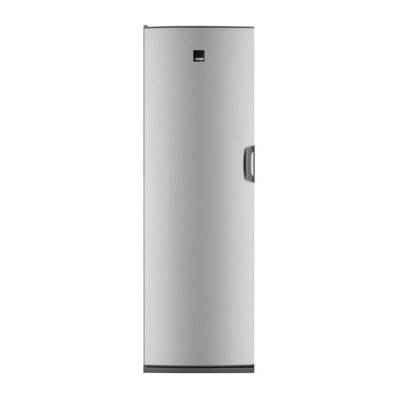 Un refrigerador de acero inoxidable con una sola puerta sobre un fondo blanco.