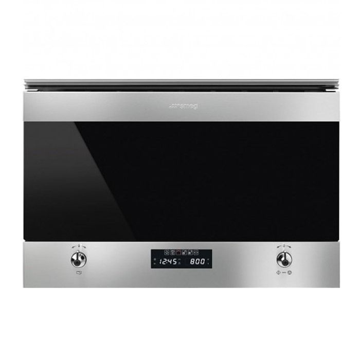 Un horno microondas de acero inoxidable con puerta de vidrio negro.