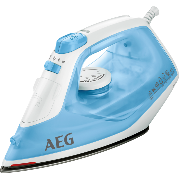 Una plancha AEG azul y blanca sobre un fondo blanco