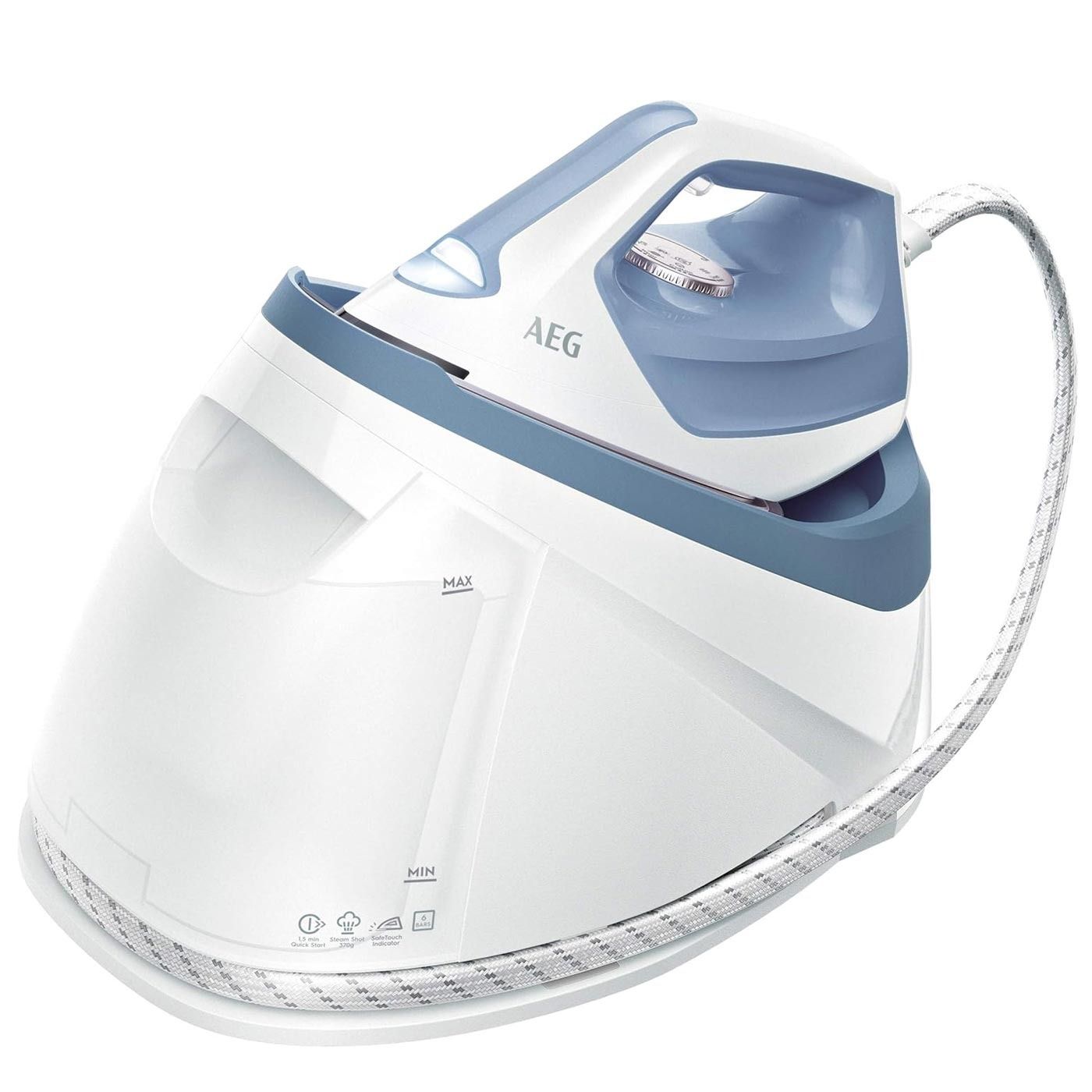 Una plancha AEG blanca y azul con un cable conectado a ella.