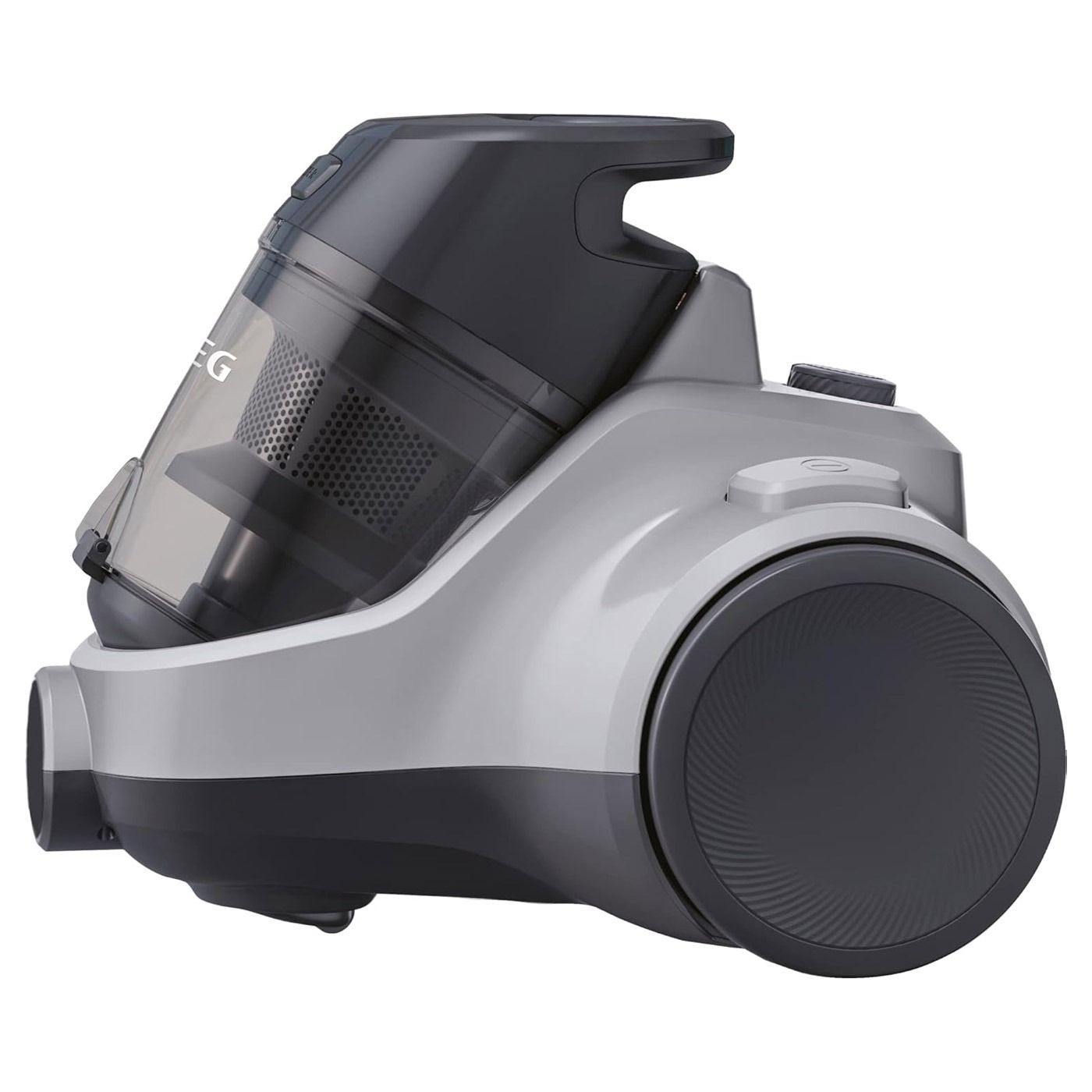 Una aspiradora gris y negra con la palabra AEG.