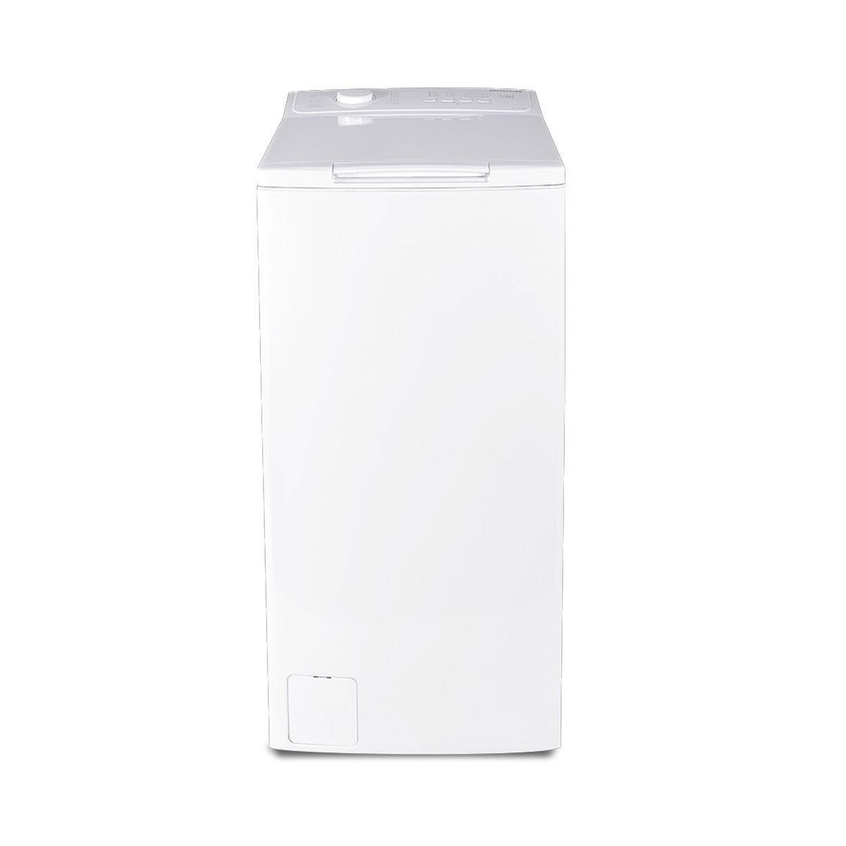 Una lavadora blanca está colocada encima de una mesa blanca.