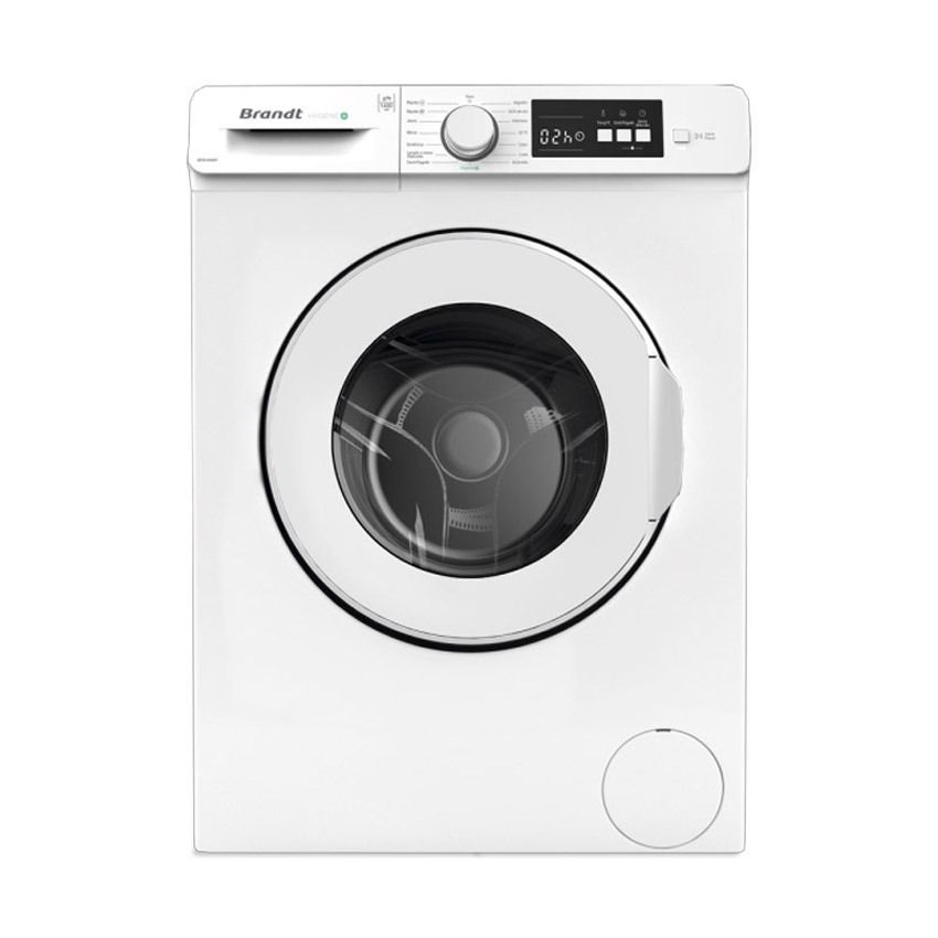 Una lavadora blanca con una puerta negra sobre un fondo blanco.