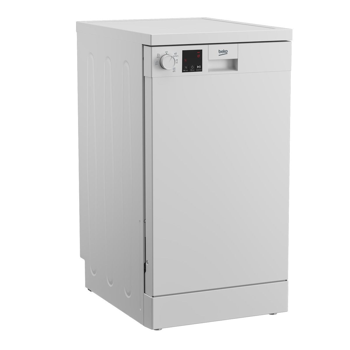 Un lavavajillas blanco está sobre una superficie blanca.