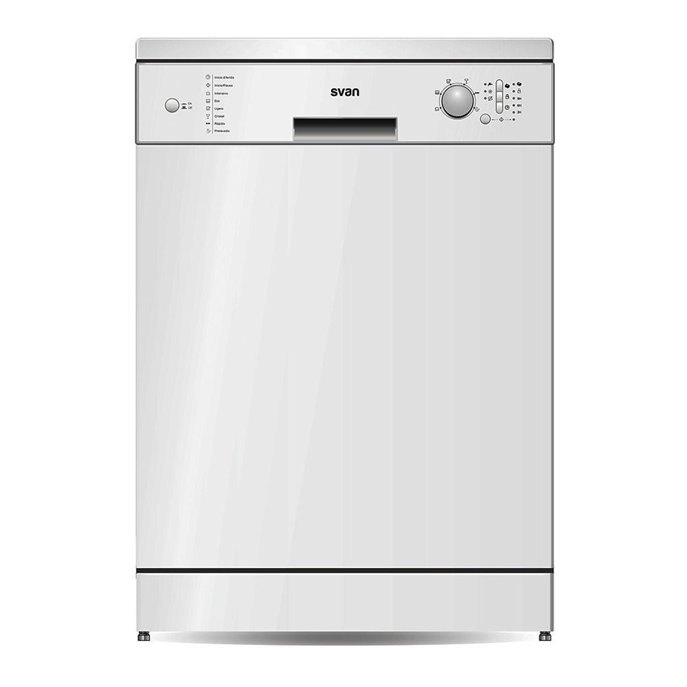 Un lavavajillas blanco está sobre una superficie blanca.