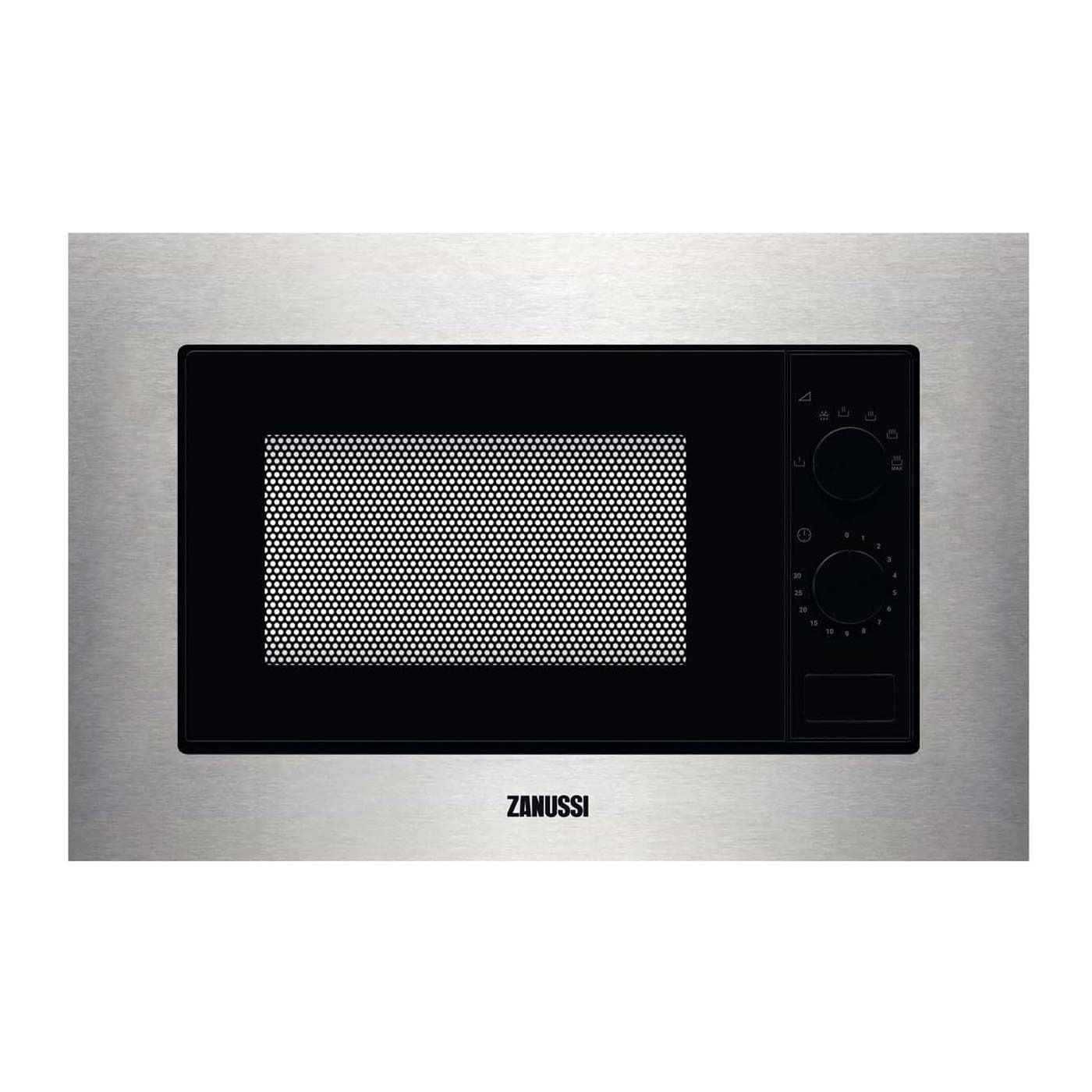 Un horno microondas de acero inoxidable con una puerta negra sobre un fondo blanco.
