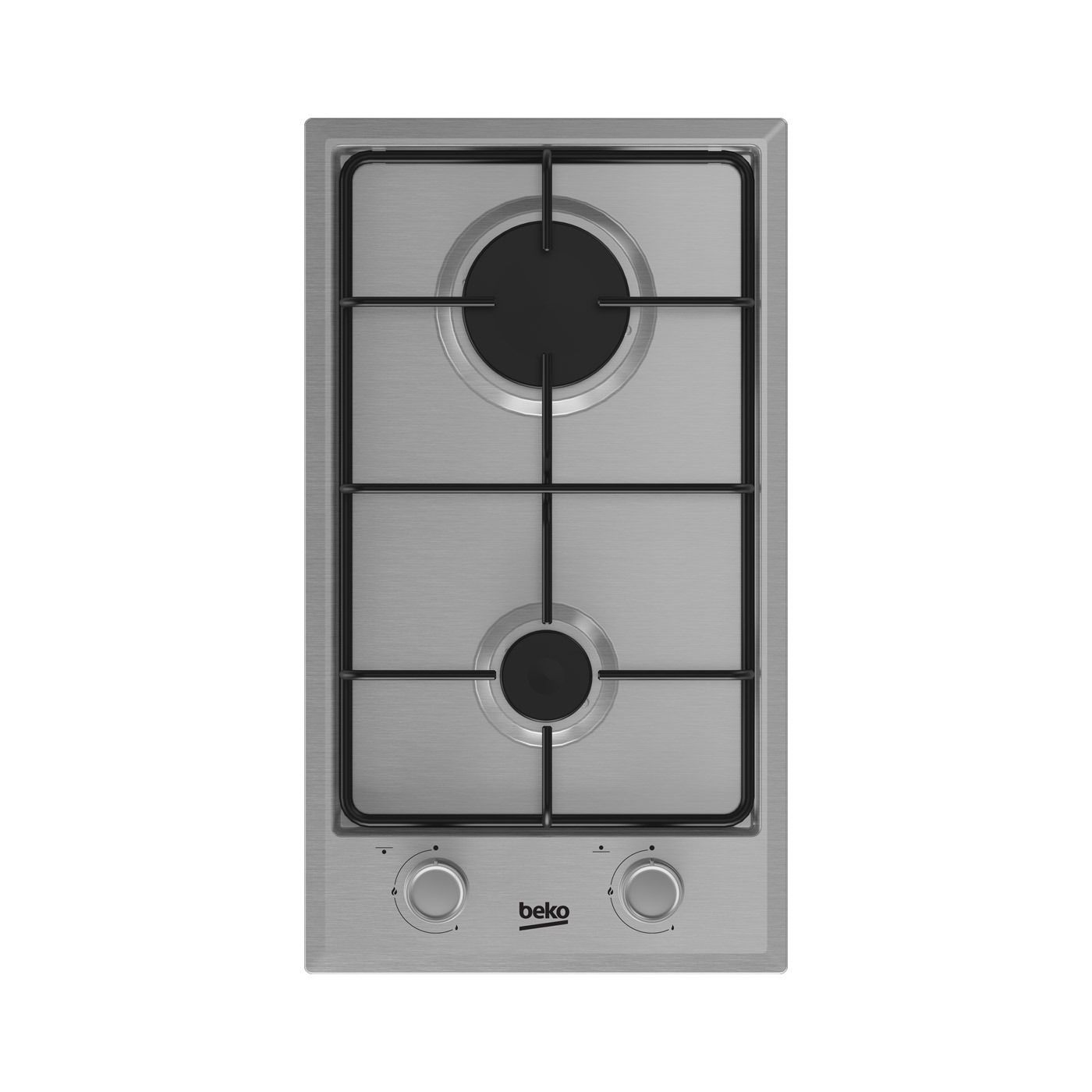 Una estufa de gas de acero inoxidable con dos quemadores sobre un fondo blanco.