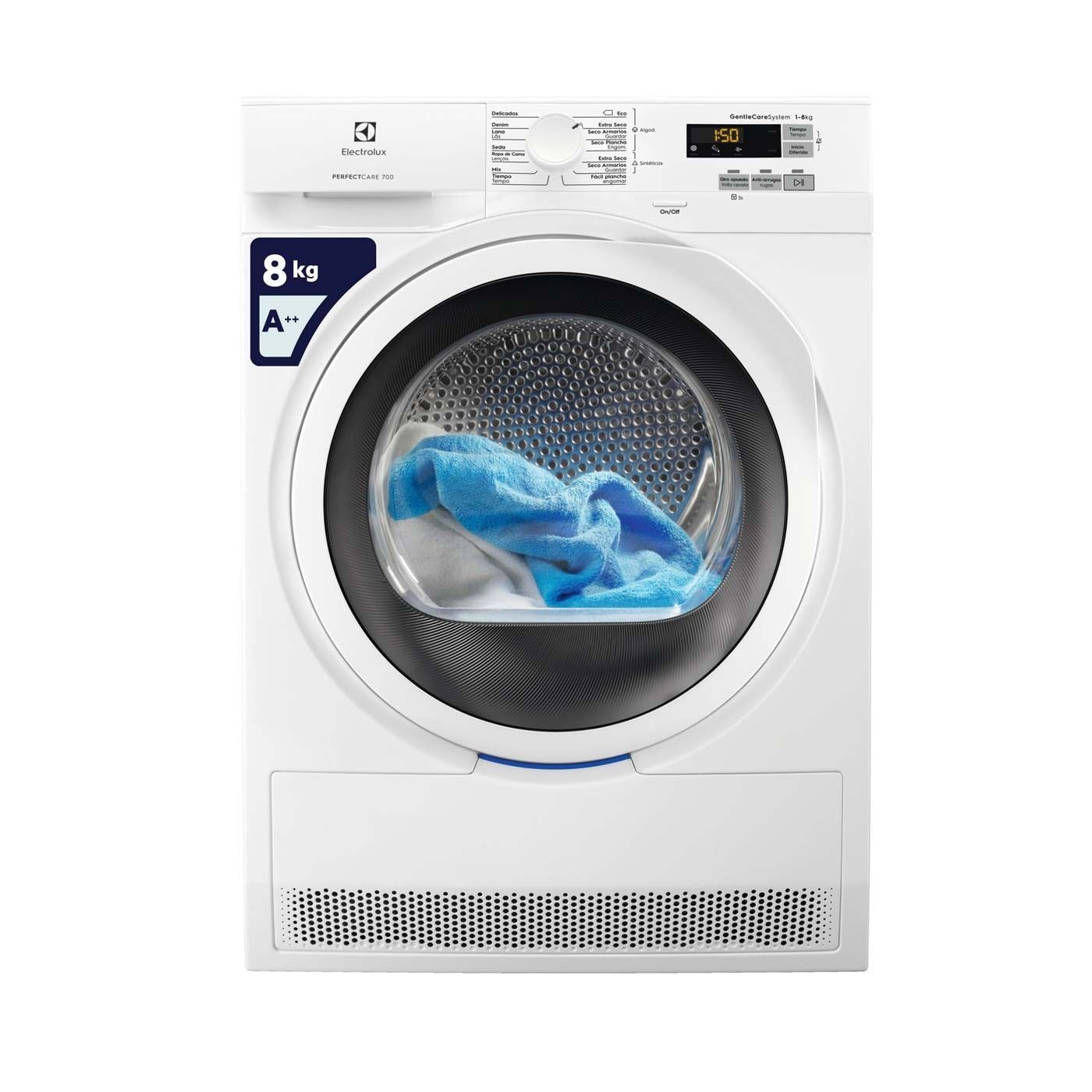 Una lavadora y secadora con ropa dentro sobre un fondo blanco.