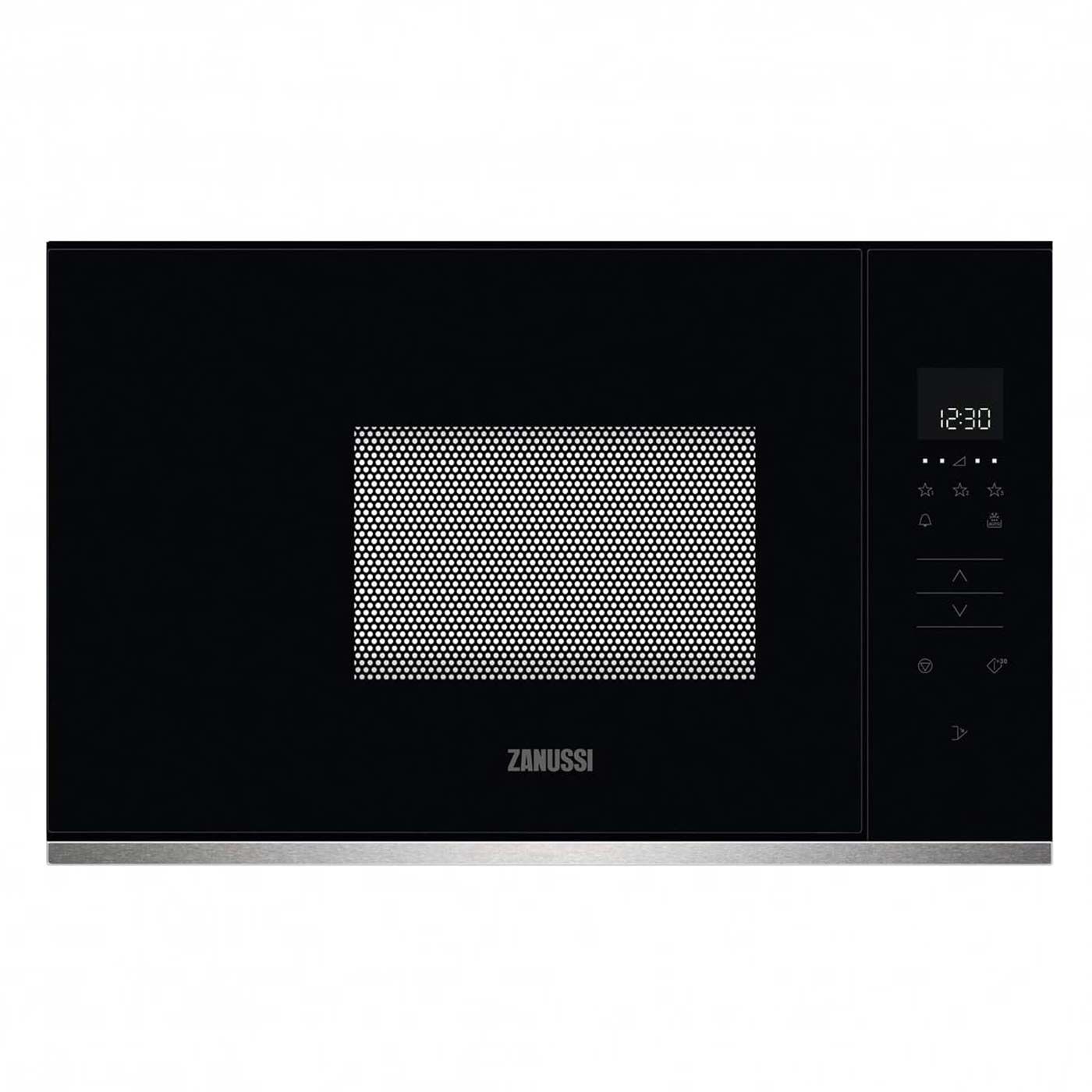 Un horno microondas negro con marco de acero inoxidable sobre un fondo blanco.