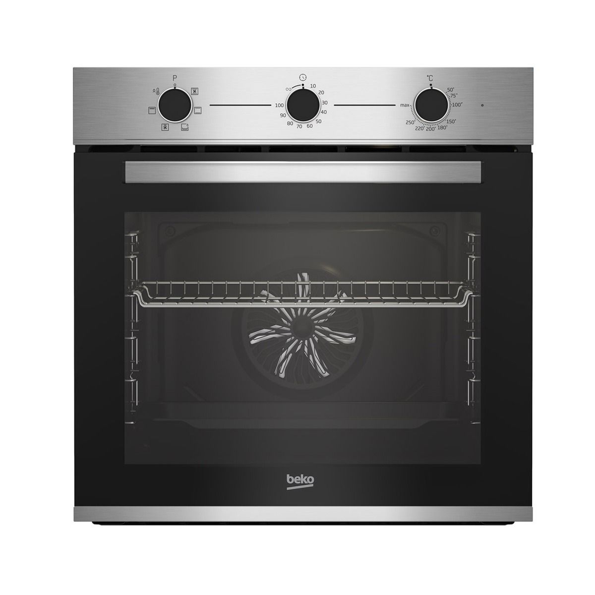 Es un horno de acero inoxidable con puerta negra.