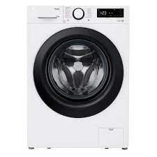 Una lavadora blanca con una puerta negra sobre un fondo blanco.