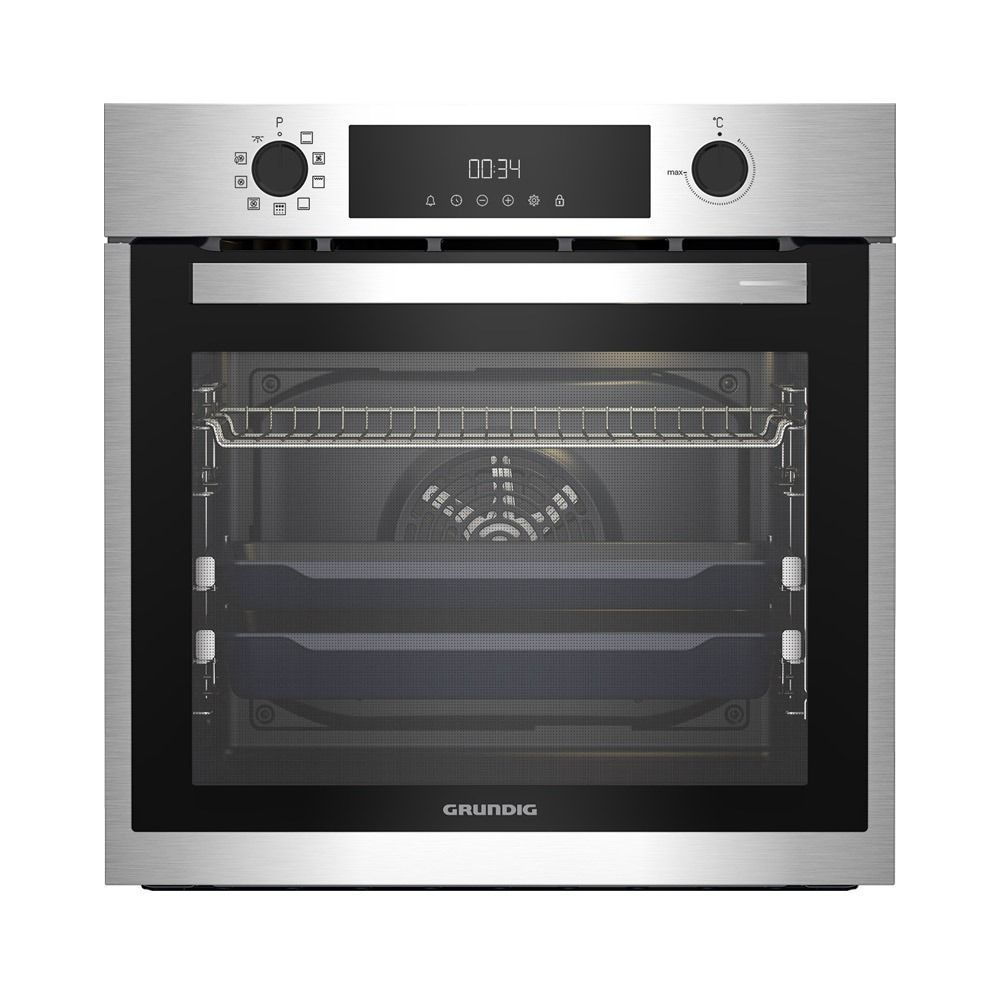 Un horno de acero inoxidable con una pantalla digital en el frente.