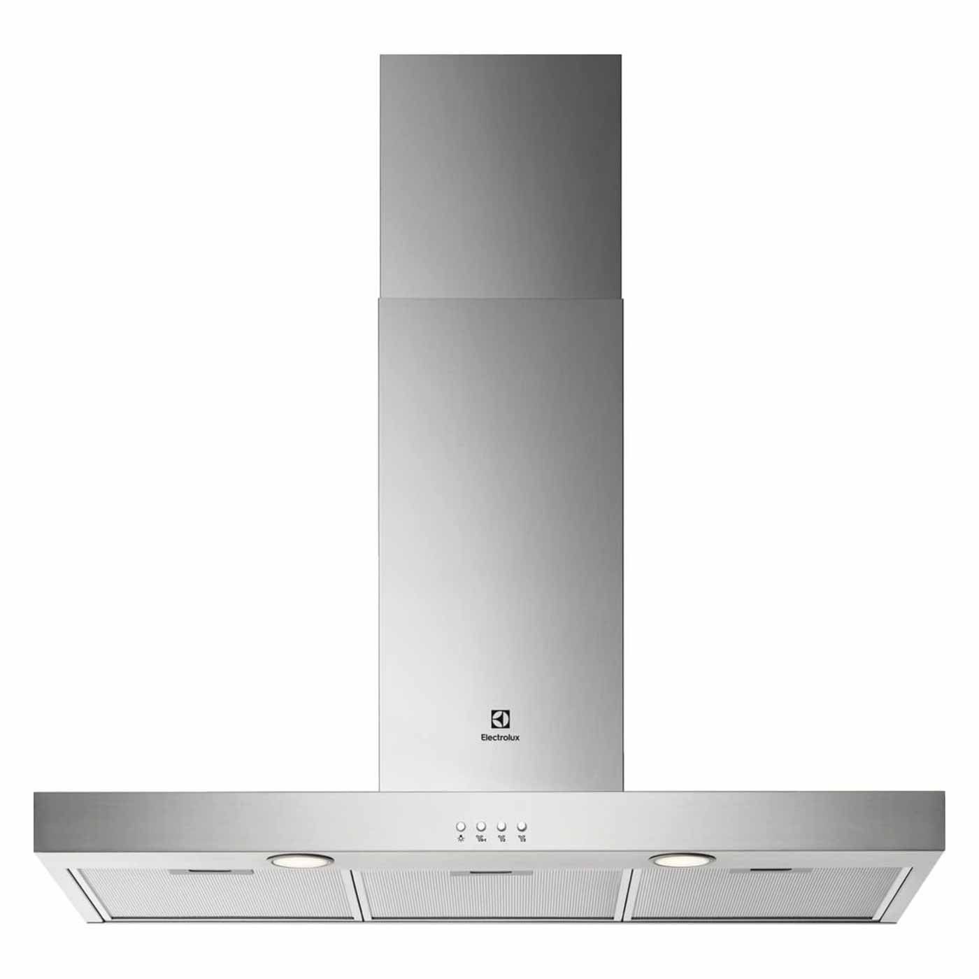 Una campana de acero inoxidable cuelga del techo de una cocina.