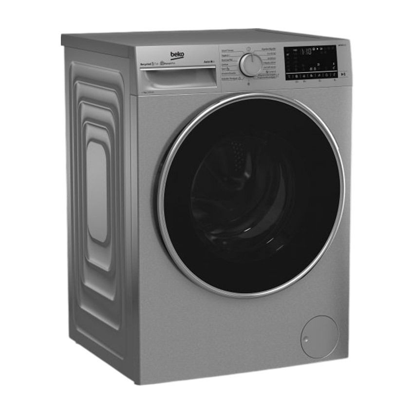 Una lavadora Beko está colocada sobre una superficie blanca.