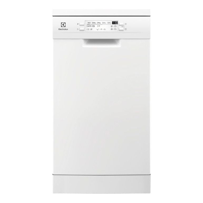 Un lavavajillas blanco está sobre una superficie blanca.