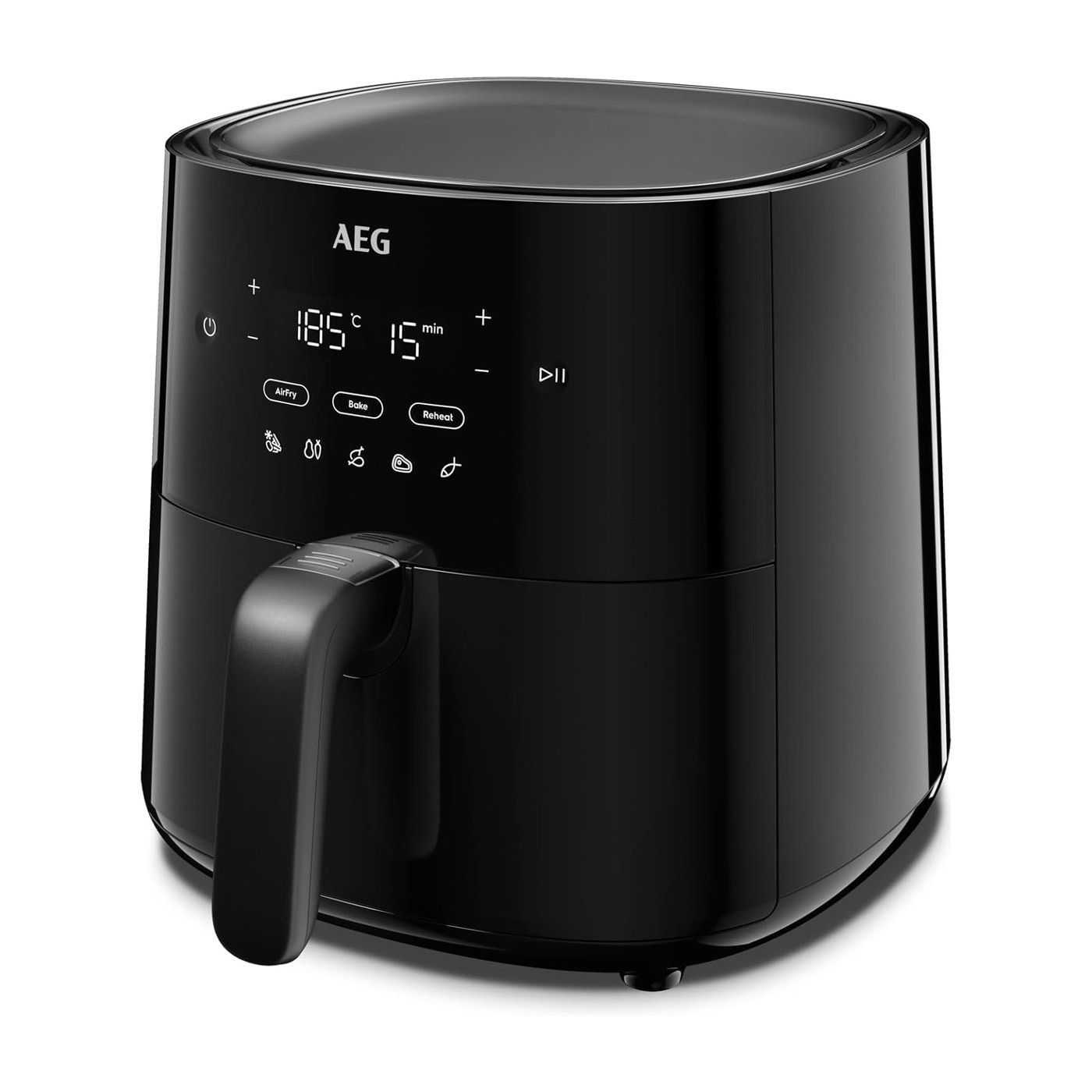 Una freidora de aire AEG negra está colocada sobre una superficie blanca.
