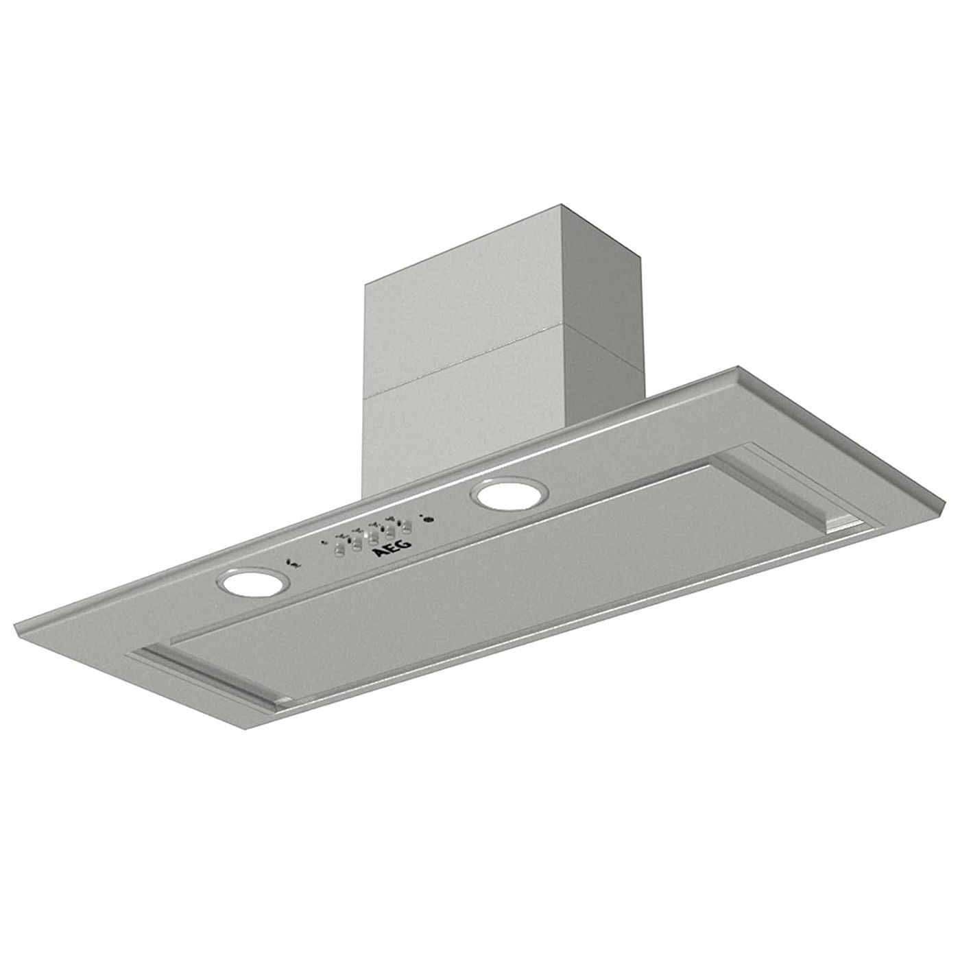 Una campana de acero inoxidable cuelga del techo de una cocina.