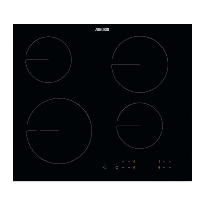 Un horno de inducción negro con cuatro quemadores sobre un fondo blanco.