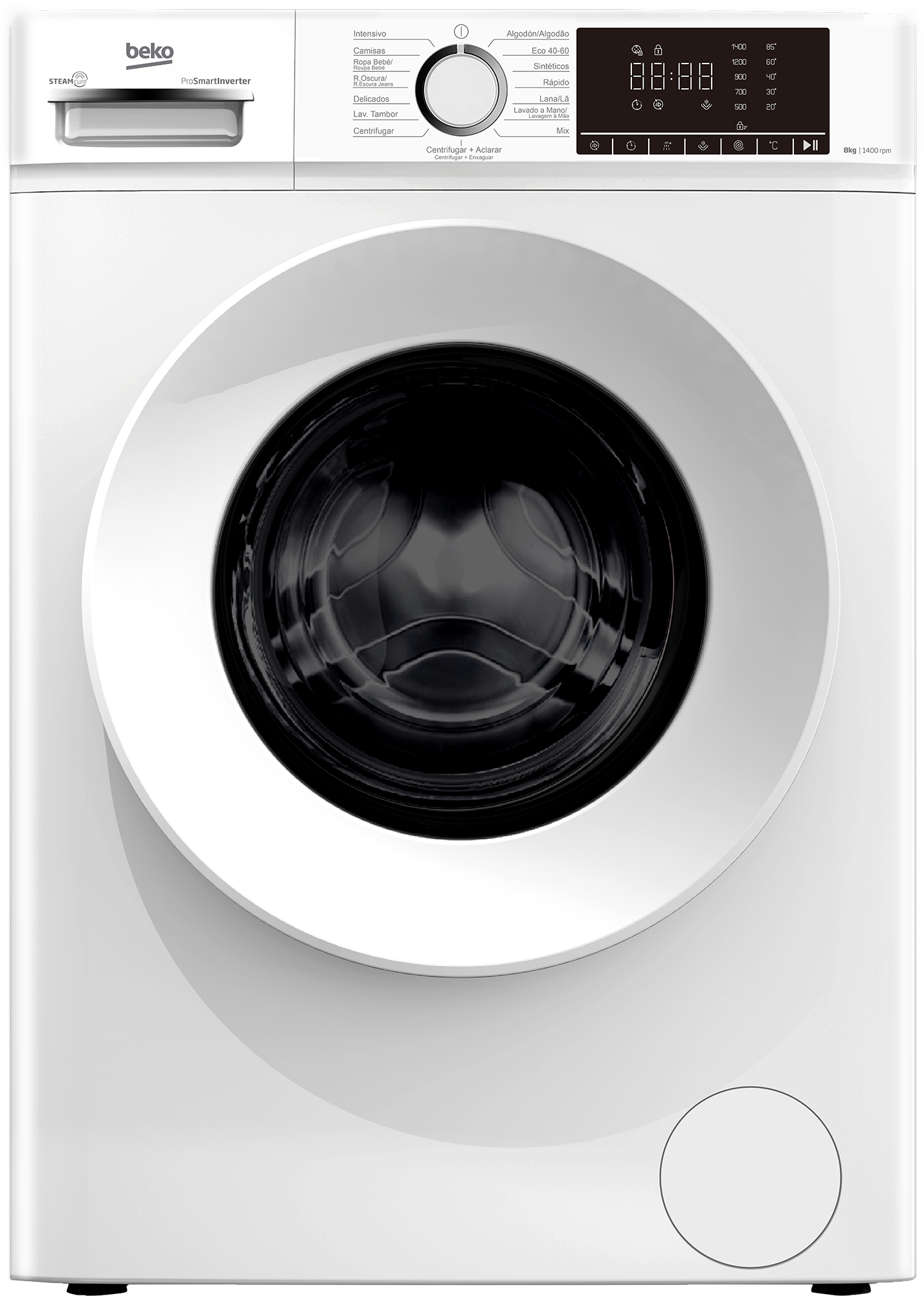 Lavadora blanca de carga frontal con puerta circular negra y panel de control digital.