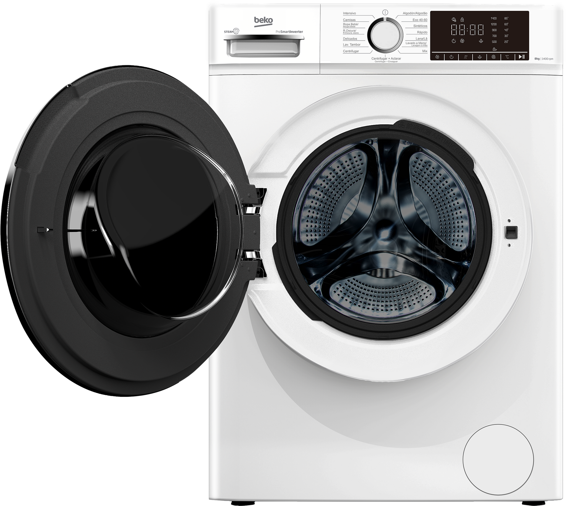 Lavadora blanca de carga frontal con puerta circular negra y panel de control digital.