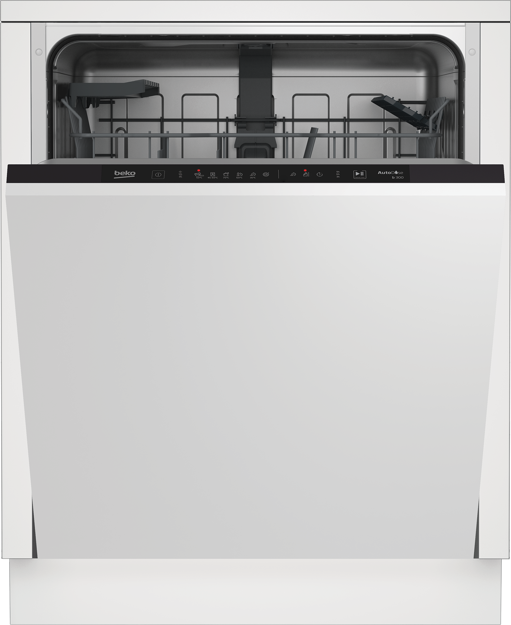 Lavavajillas integrable con cesta superior abierta y panel frontal blanco.