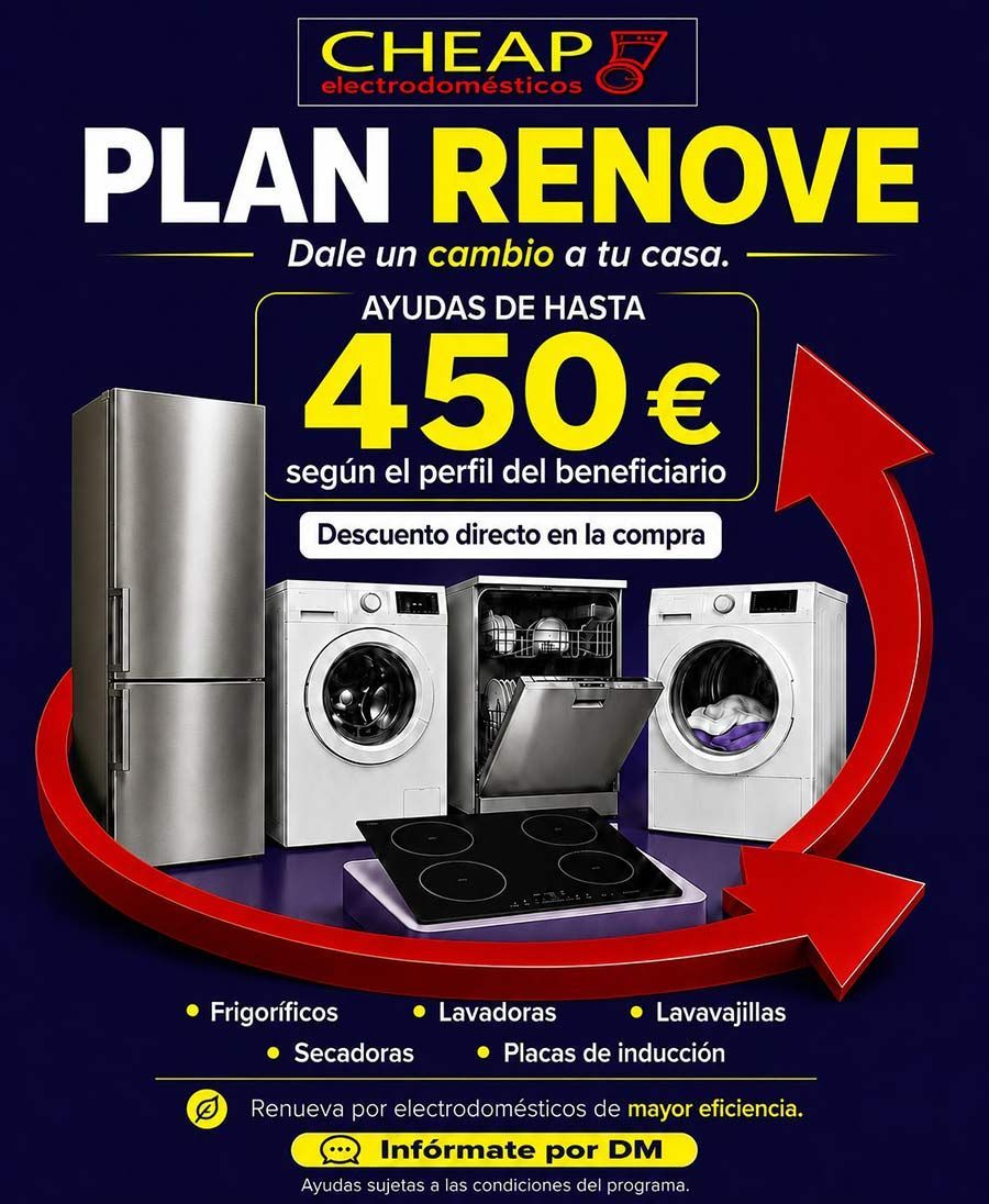 Promo en español de “Plan Renove” con 450 € de ayuda para electrodomésticos, fondo azul y flechas rojas.