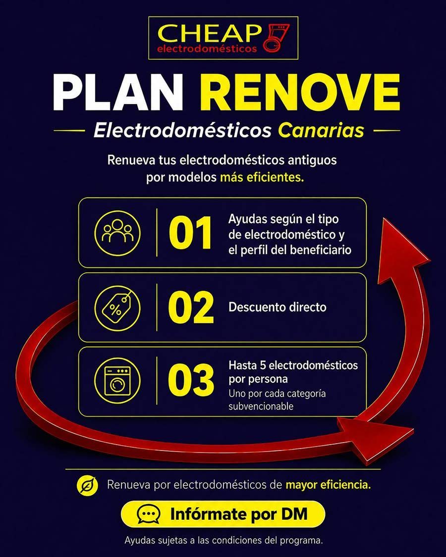 Un anuncio azul de un plan de renovación económico para refrigeradores usados, con pasos para obtener descuentos y botón 