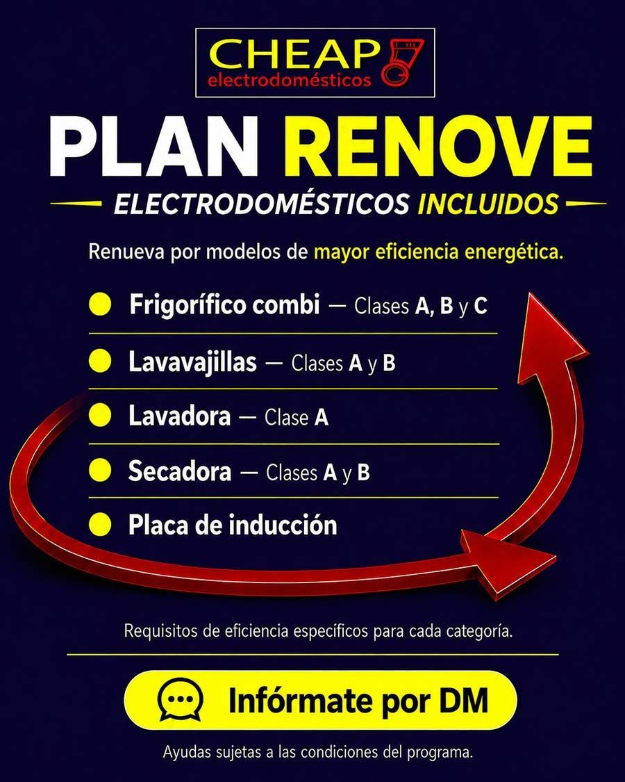 Promoción “Plan Renove” de electrodomésticos incluidos, fondo azul con lista de productos y botón amarillo “Infórmate por DM”