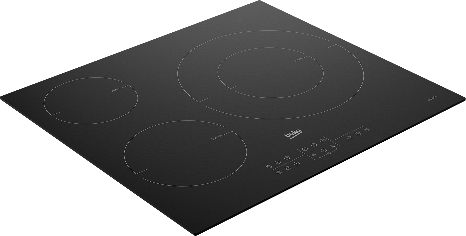 Placa de inducción de cristal negro con cuatro zonas de cocción y controles táctiles.