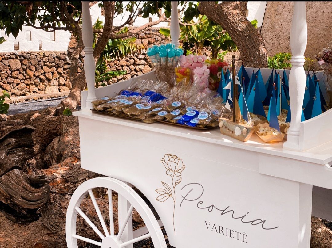 Un carrito blanco lleno de dulces está sentado debajo de un árbol.
