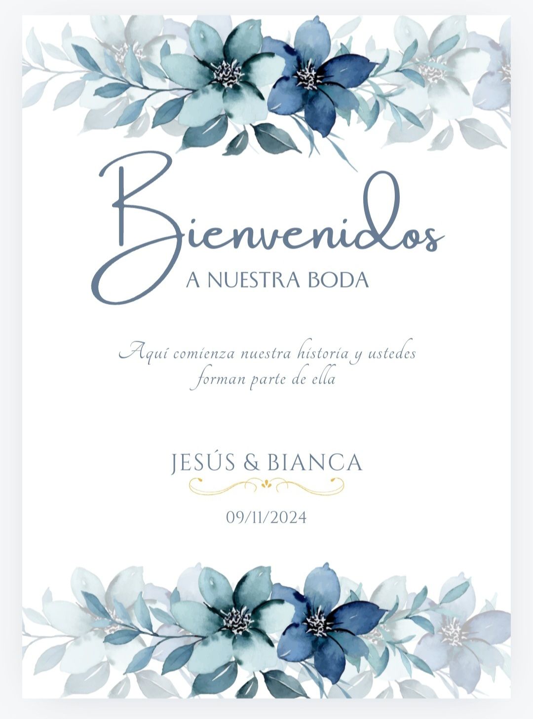 Un cartel de bienvenidos a nuestra boda con flores y hojas azules.