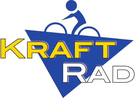 Logo: Blaues Dreieck mit dem Schriftzug „KRAFT RAD“ und einem Radfahrer-Symbol. Gelbe und weiße Akzente.