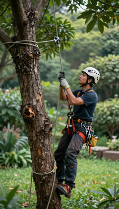 Un grimpeur, casqué et harnaché, descend en rappel un arbre dans un parc verdoyant.