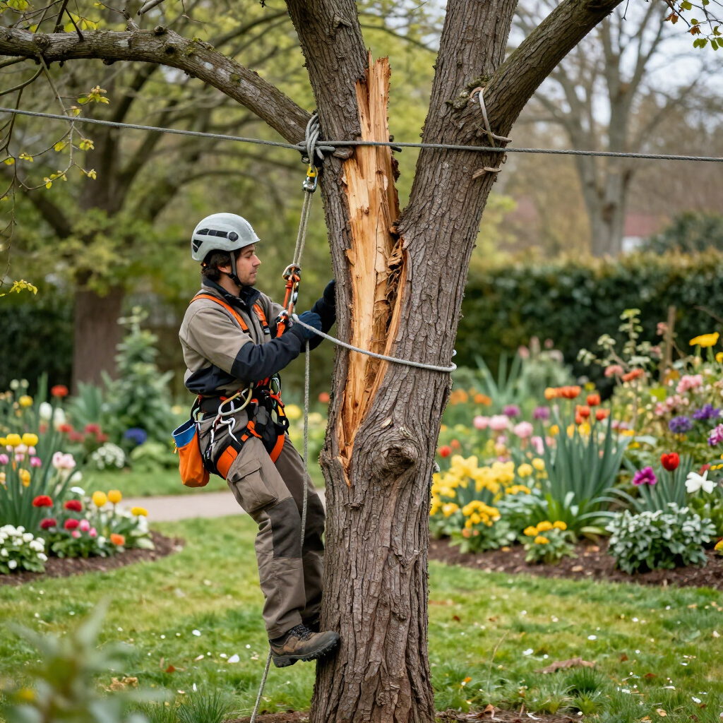Arboriste en tenue de sécurité utilisant des cordes pour tailler un arbre dans un jardin fleuri.