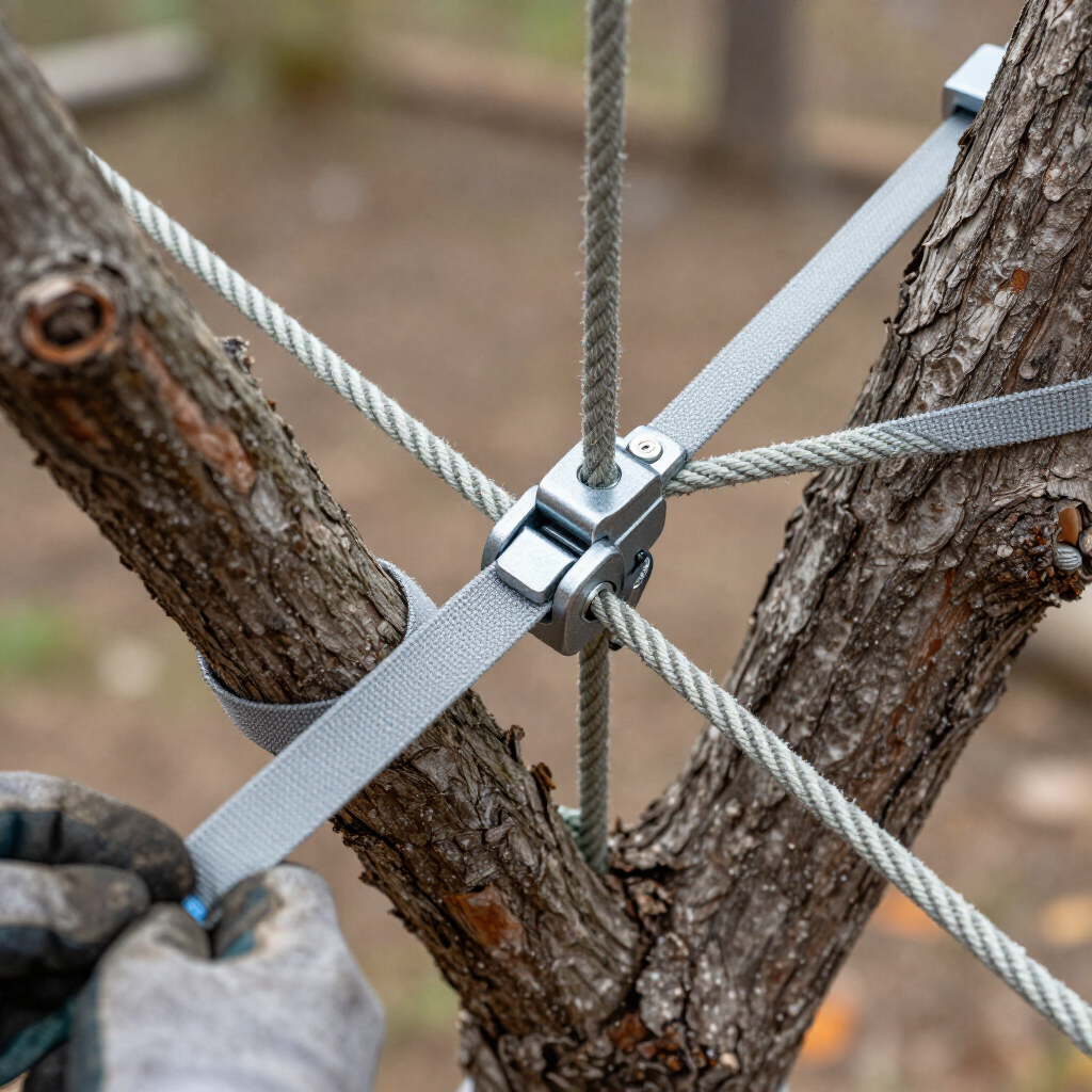 Un ouvrier serre un collier de serrage métallique sur des branches d'arbre à l'aide d'une clé.