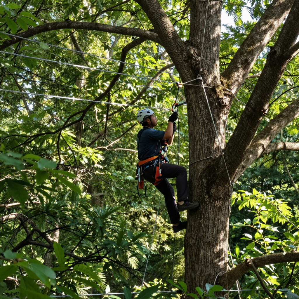 Un arboriste, harnaché et sécurisé, grimpe à un arbre au milieu d'un épais feuillage vert.