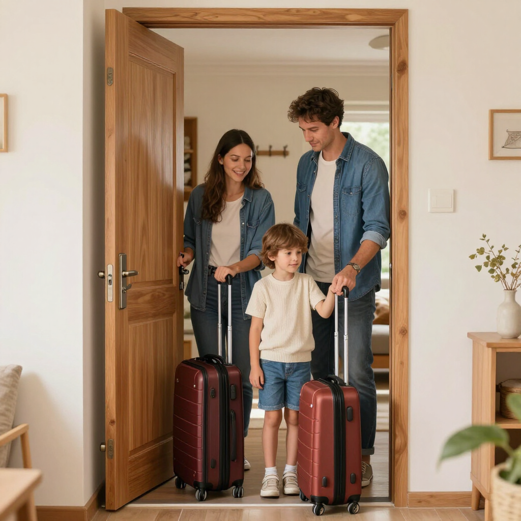 Una familia en la entrada de casa con el equipaje, preparándose para salir