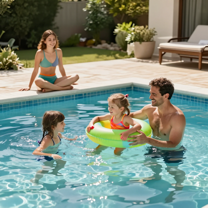 Una familia relajándose en la piscina del jardín, con una mujer sentada junto al borde y un niño en un flotador.