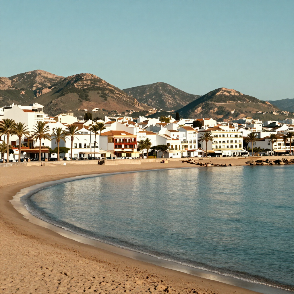 Playa de arena curvada junto a aguas tranquilas y edificios blancos junto al mar, con montañas al fondo