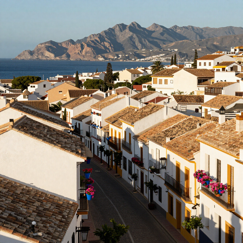 Calle de un pueblo encalado con tejados de tejas y jardineras, montañas al fondo bajo un cielo despejado