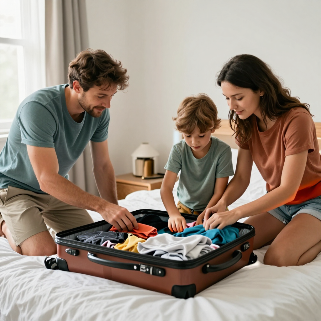 Una familia prepara una maleta abierta sobre la cama y organiza la ropa junta en una habitación luminosa