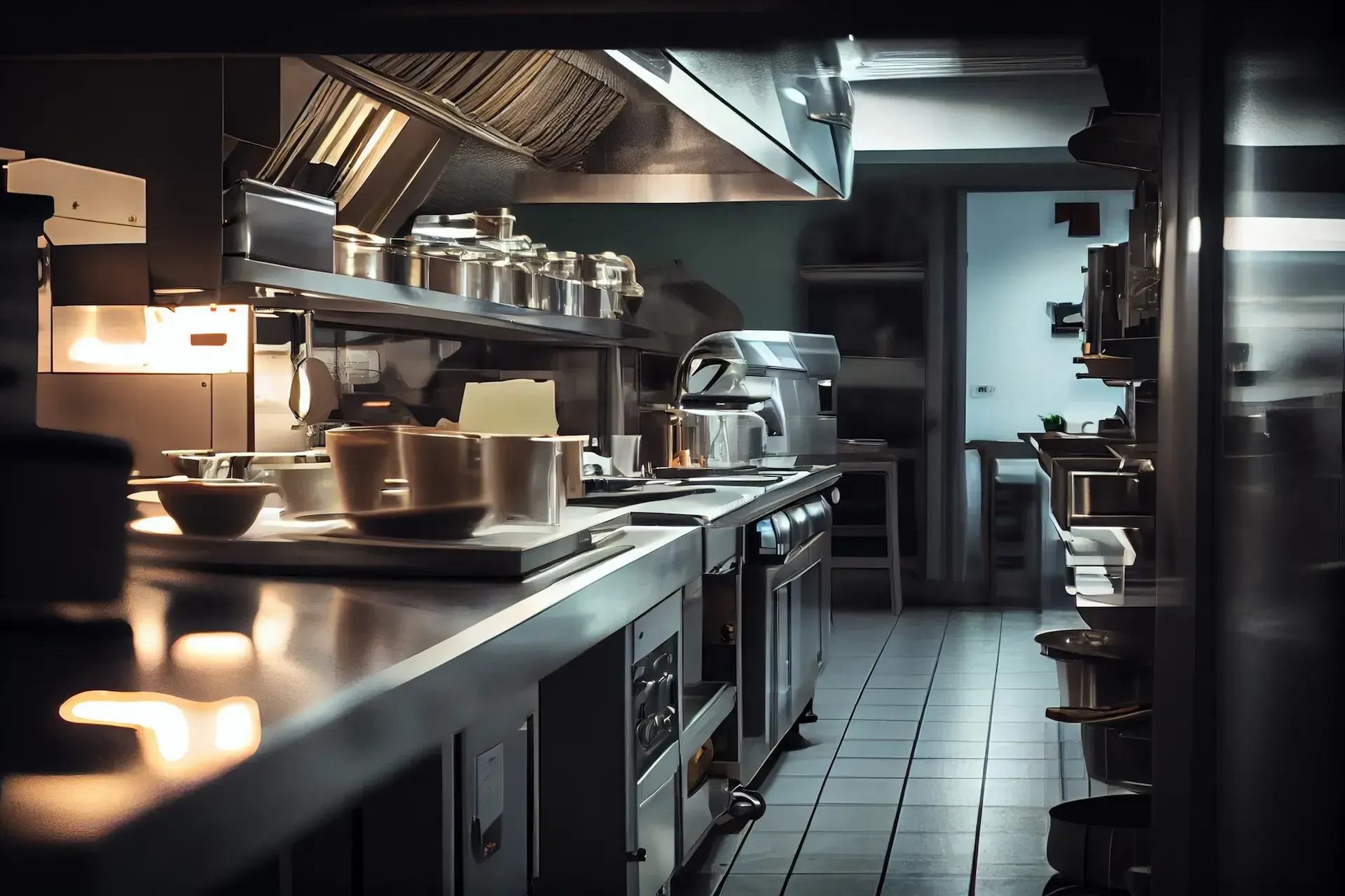 Bufé con exhibiciones de comida bajo brillantes lámparas de calor colgantes. Una persona está detrás del mostrador.