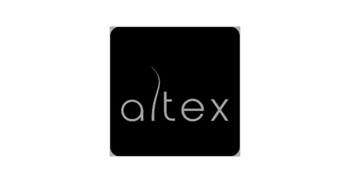 Logotipo de Altex: texto blanco sobre un cuadrado negro. La «a» tiene una línea curva encima.