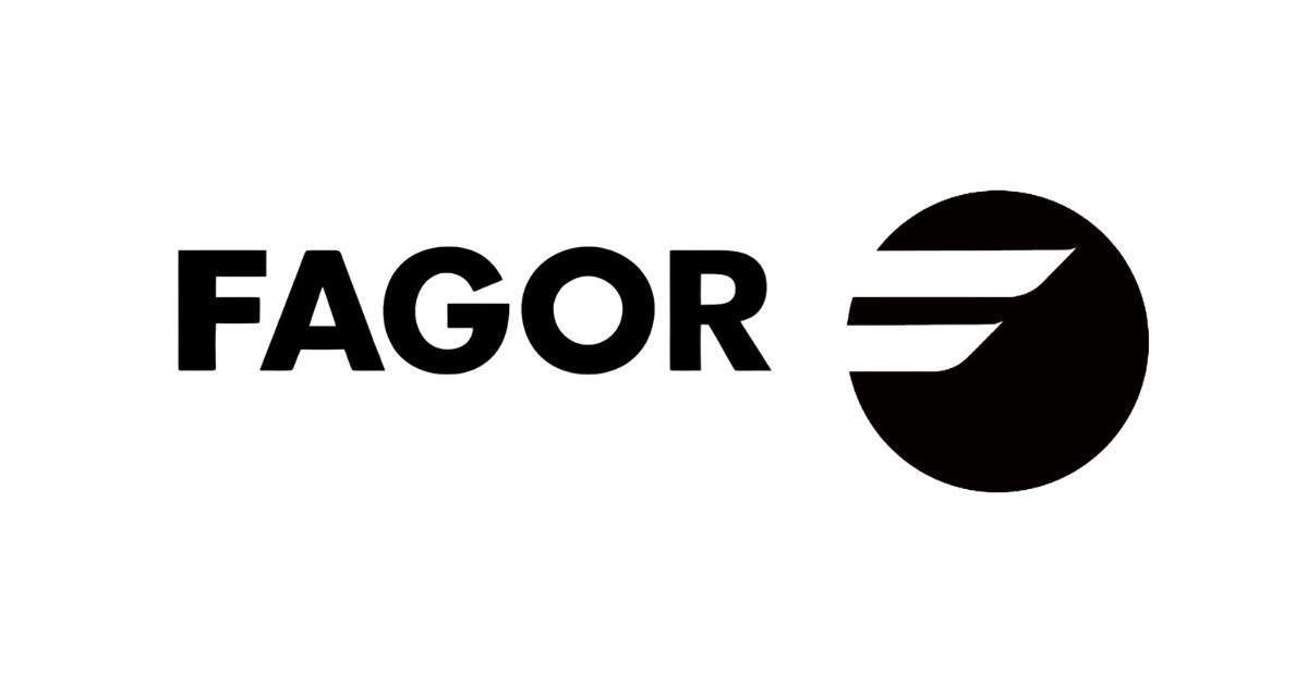 Logotipo de FAGOR: Texto negro con un emblema de ala estilizado en un círculo negro.