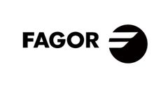 Logotipo de FAGOR: Texto negro con un emblema de ala estilizado en un círculo negro.
