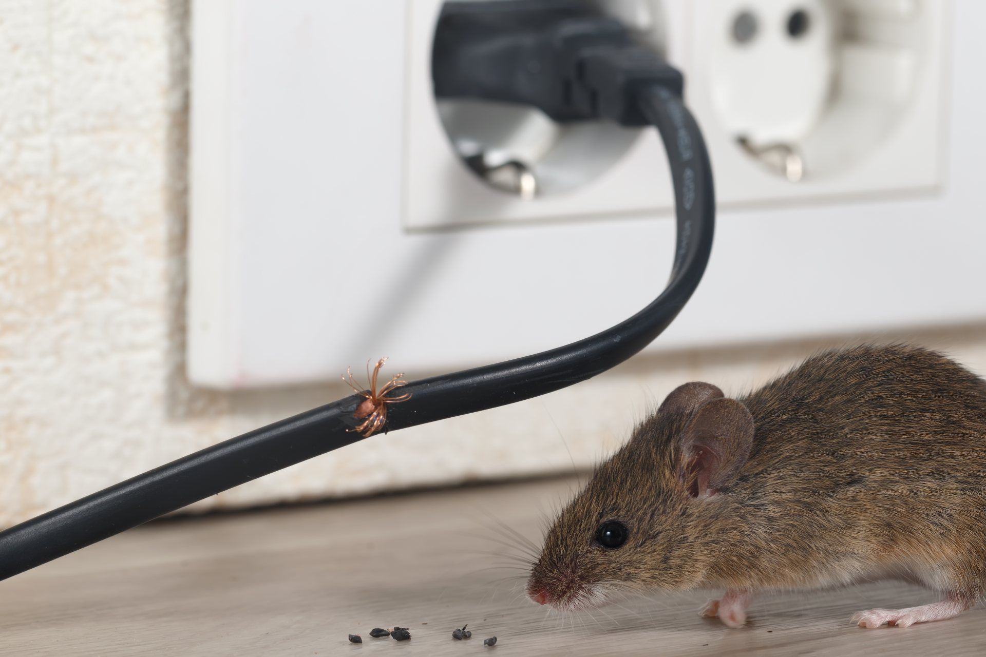 Foto einer Maus, die an Kabeln nagt