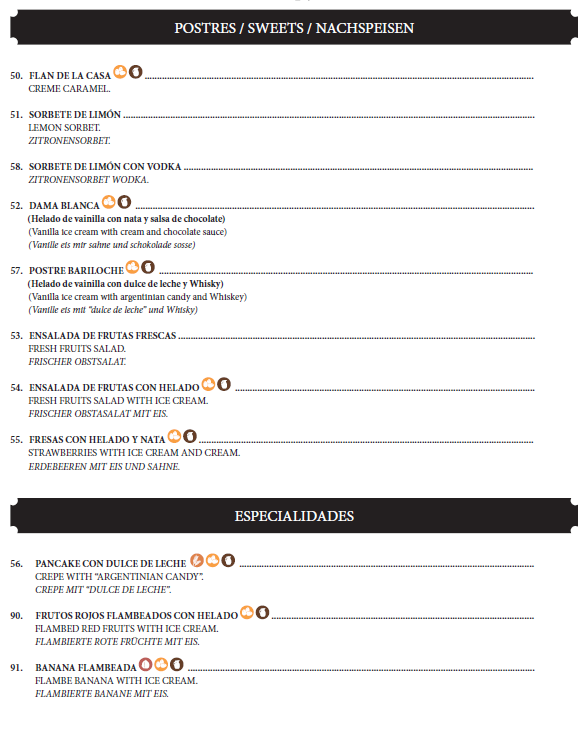 Un menú de un restaurante muestra una variedad de postres y bebidas.