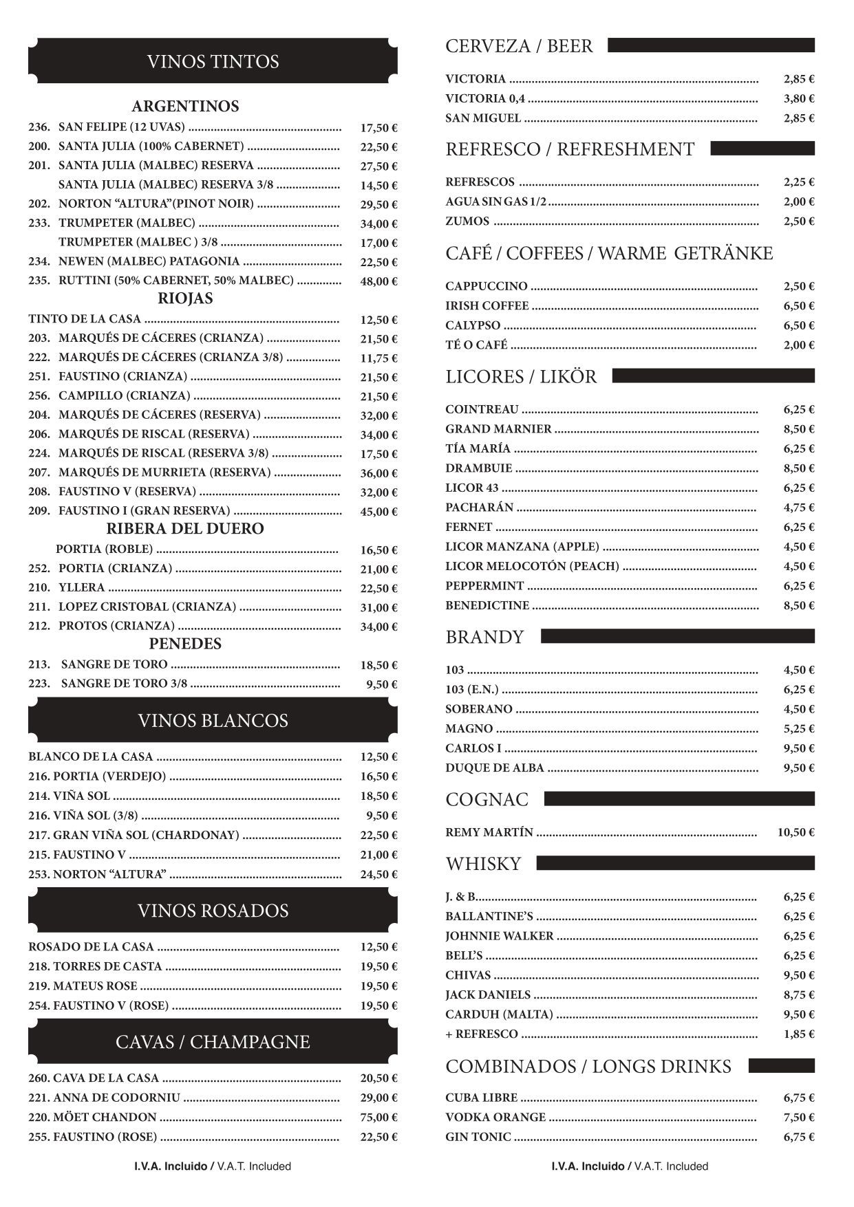 Un menú para un restaurante con muchos artículos.