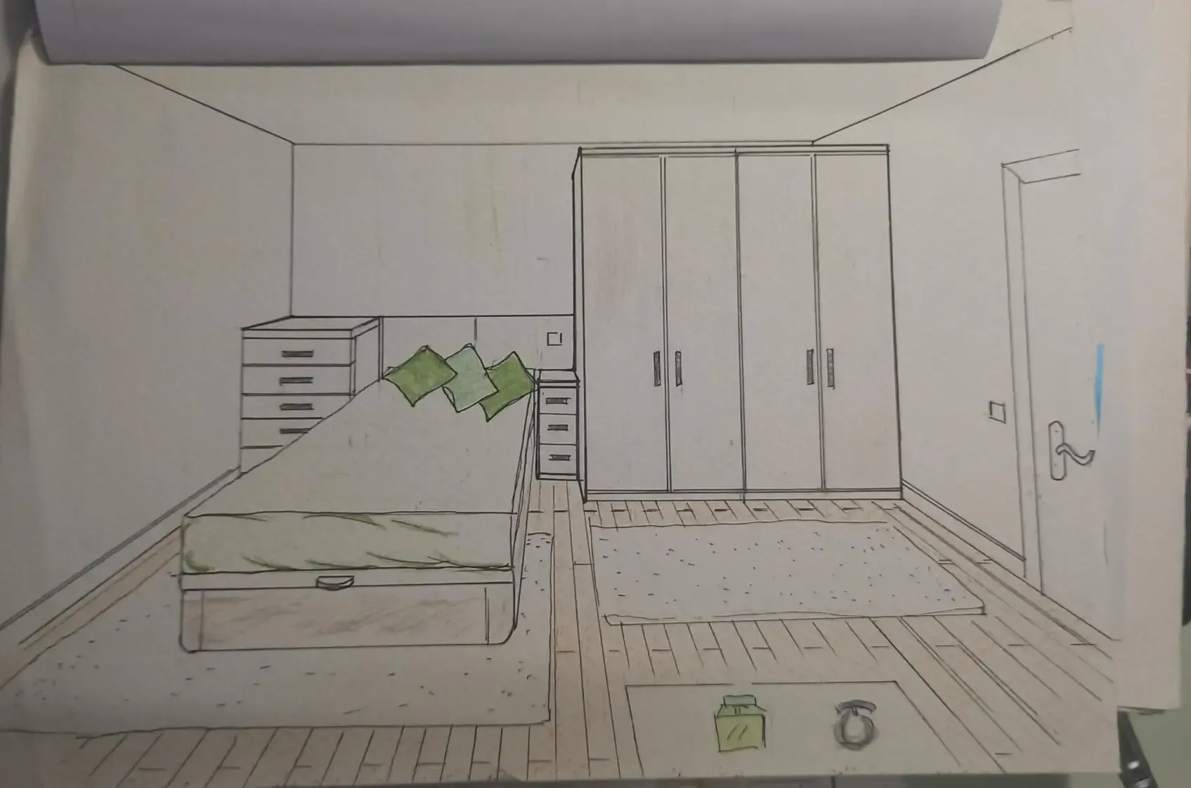 Boceto de un dormitorio con cama, armario, escritorio y puerta en un dibujo lineal sencillo.