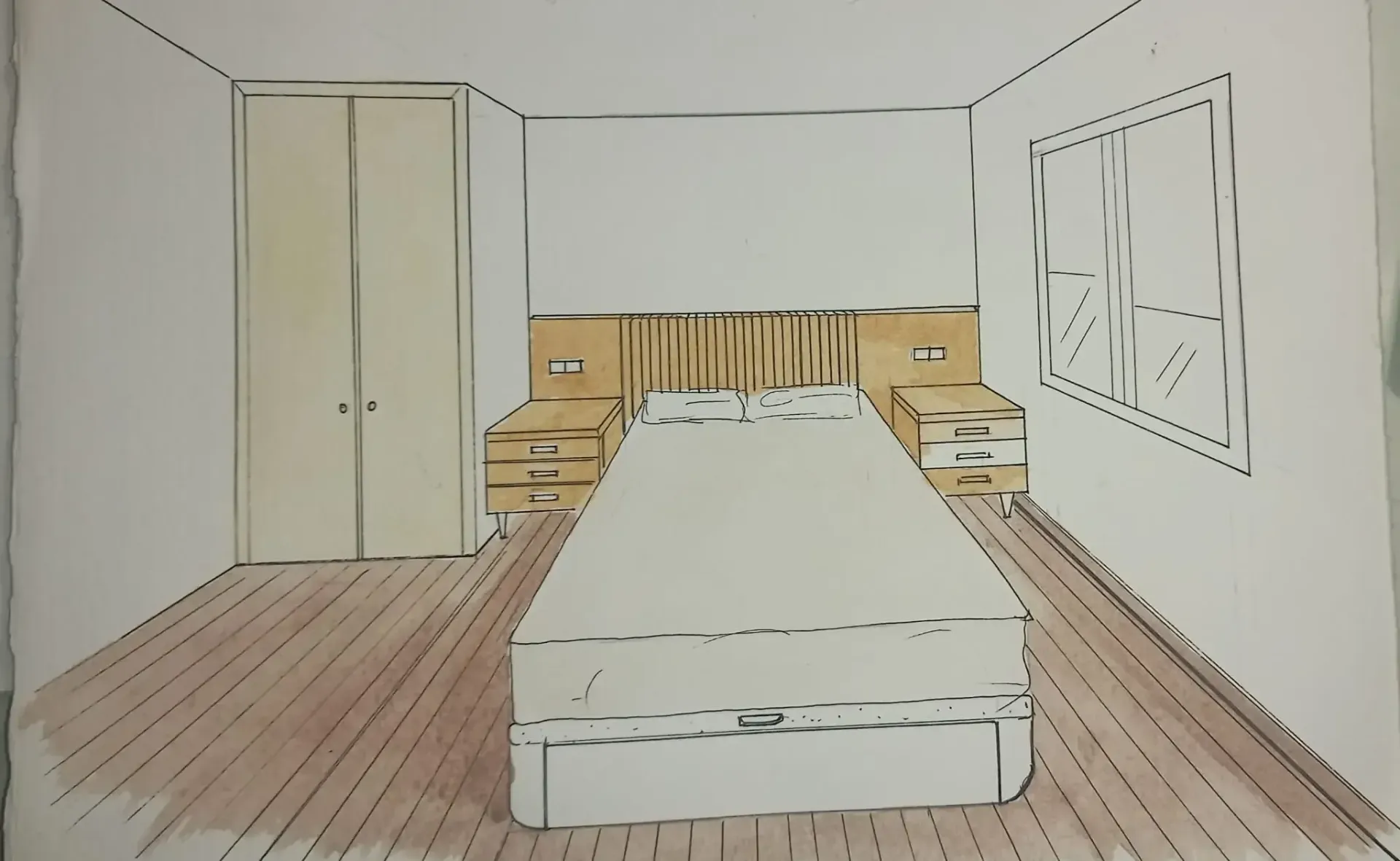 Dormitorio minimalista con la cama en el centro, el armario a la izquierda y las obras de arte en la pared de la derecha.